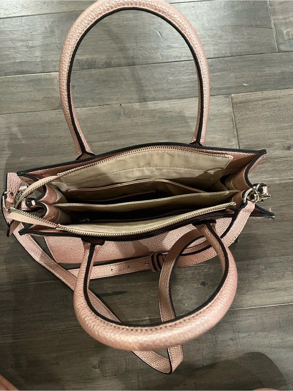 GUESS Rose Gold Pebbled Leather Satchel with Strap